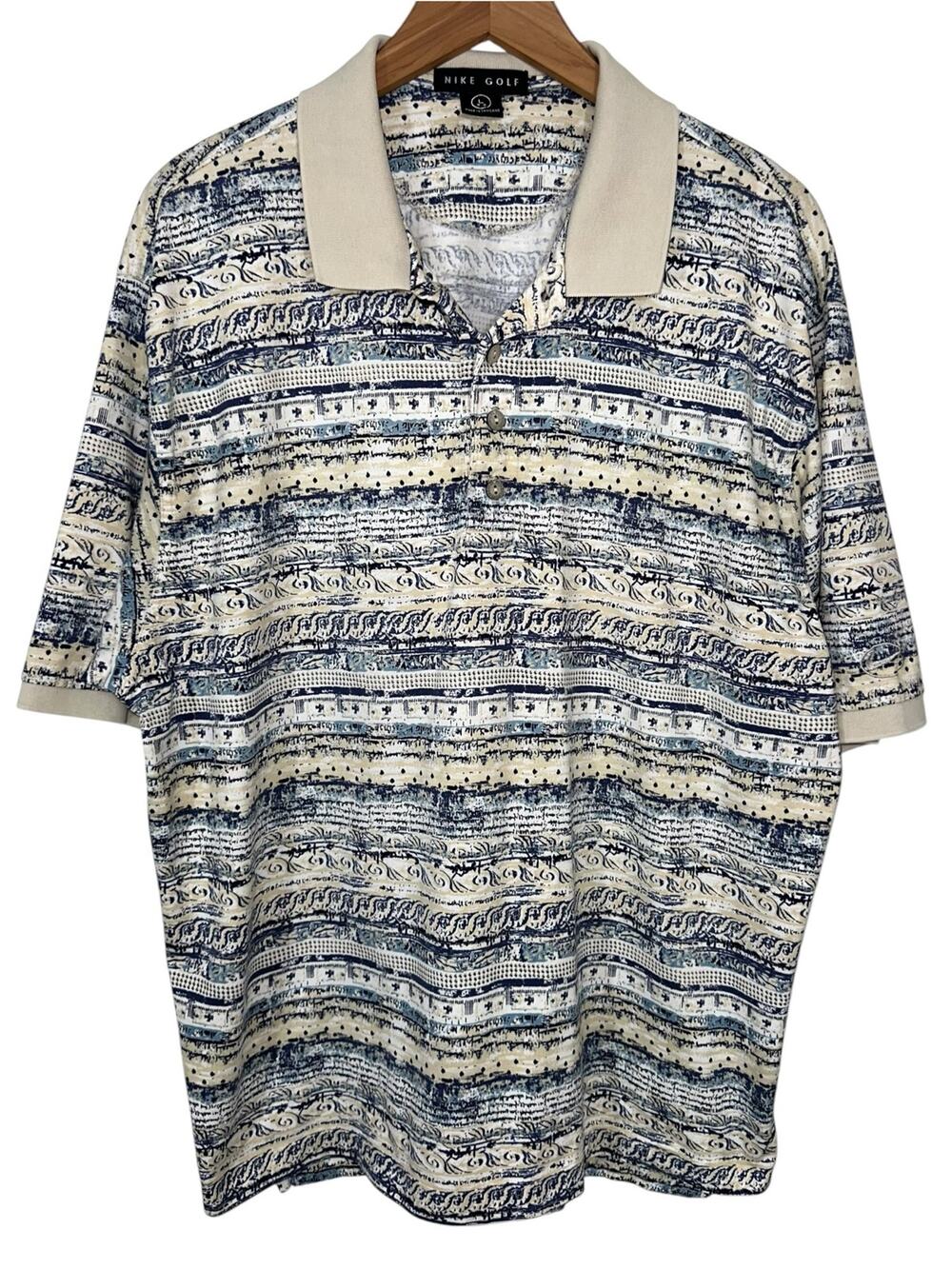 Vintage Y2K Nike Golf Beige Blue Abstract Print Short Sleeve Polo Shirt Size L
